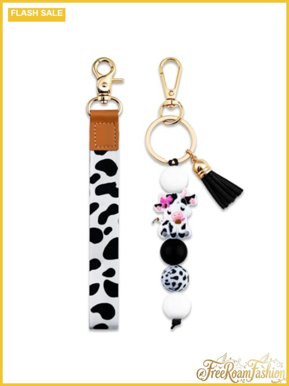 Highland Cow Keychain Wristlet Silicone Bead Leather Fringe 2Pc
